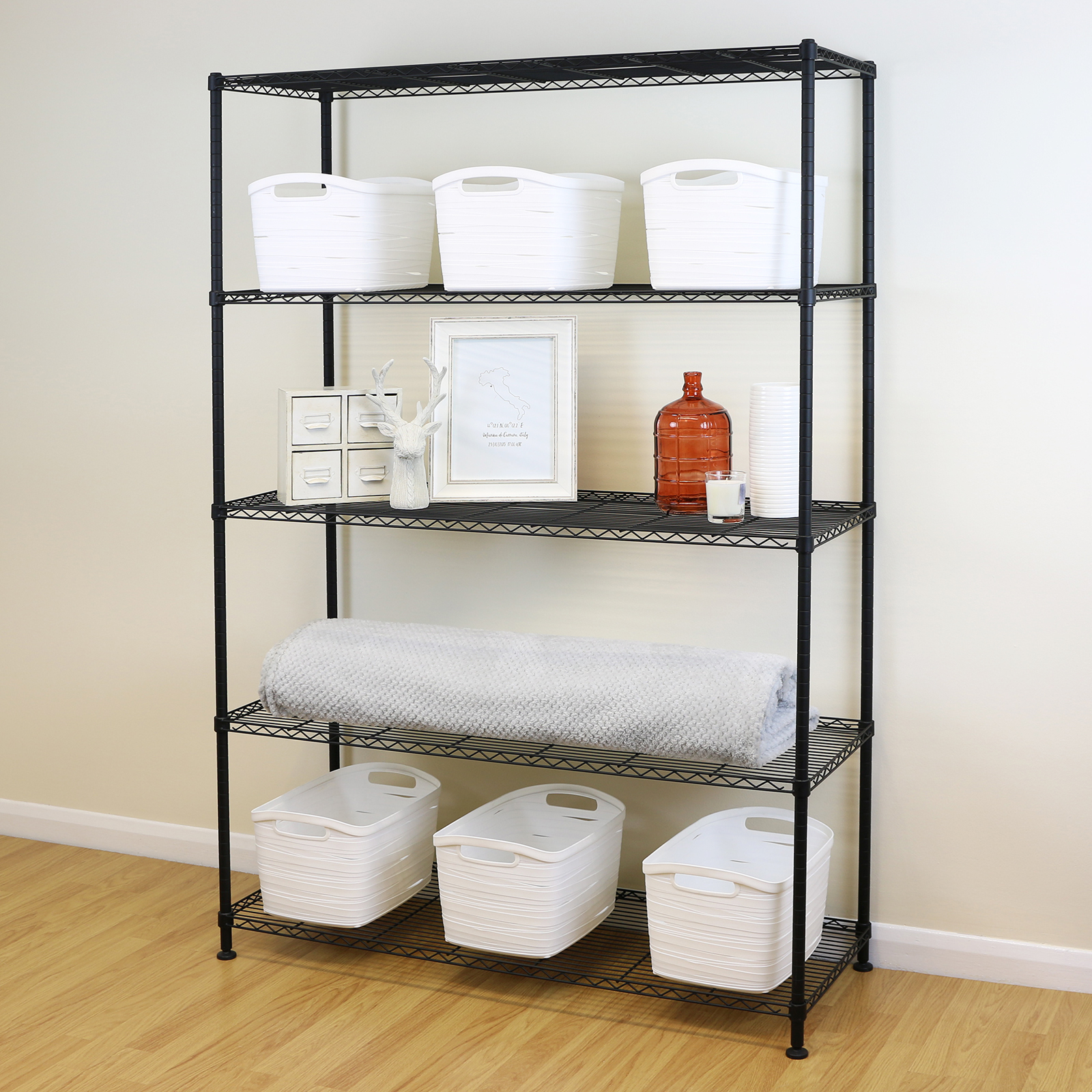 5 Tier Black Metal Storage Rack/Shelving Wire Shelf Kitchen/Office Unit